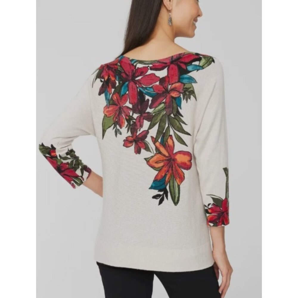 Women's Chico's Sz 1 Touch Cashmere Pacific Floral Sweater Top Tropical Tan - Picture 2 of 9